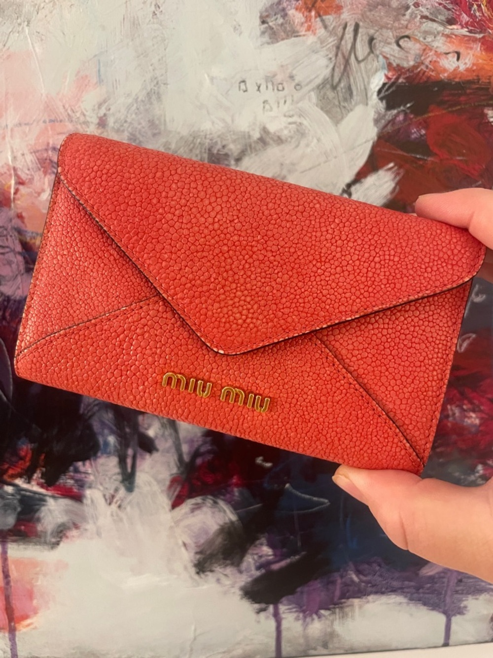Miu Miu Coral Stingray Leather Envelope Clutch Pink Red Textured Wallet Bag